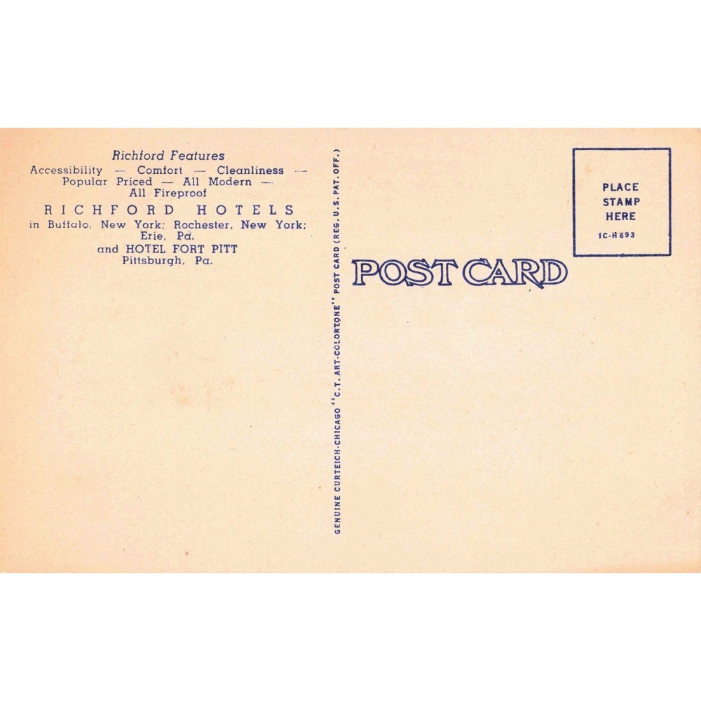 Vintage Richford Hotel Postcard Elm Street Rochester New York Linen Curt Teich - Picture 2 of 2
